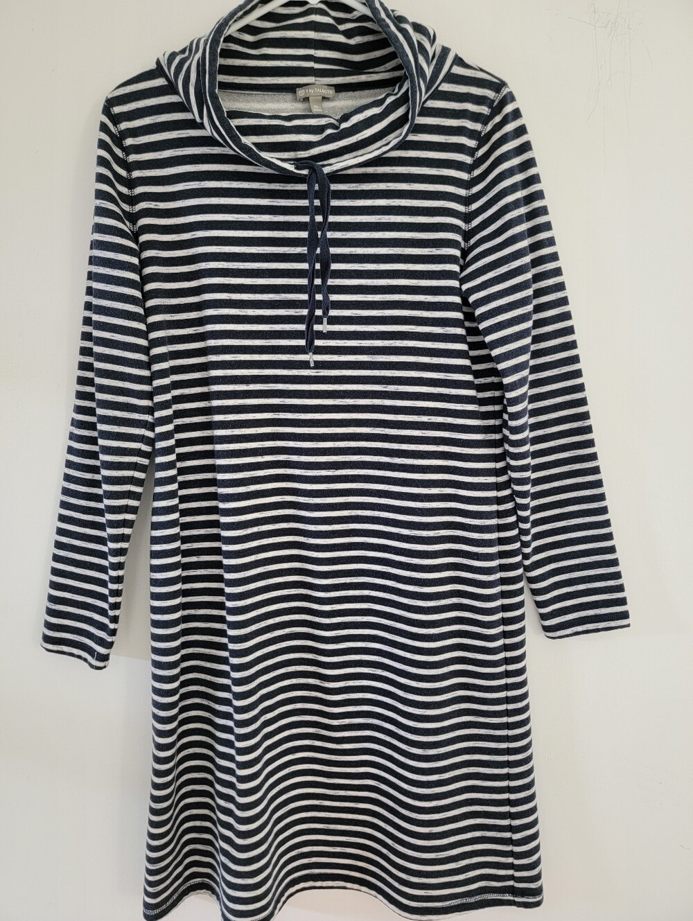 T By Talbots Navy and White Striped Cowl Necl Long Sleeve Dress Medium Petite